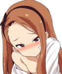  1girl blush brown_hair close-up hairband idolmaster long_hair looking_at_viewer minase_iori no.gomensu off_shoulder red_eyes solo 