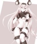  1girl air_defense_hime black_boots black_gloves boots breasts center_opening covered_navel female gloves hair_between_eyes hairband headgear highres horns kantai_collection long_hair looking_at_viewer medium_breasts monochrome puffy_short_sleeves puffy_sleeves shinkaisei-kan short_sleeves smile solo sutaa_dasuto-kun under_boob white_hair white_skin 