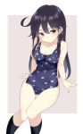  1girl ahoge bare_shoulders black_hair blue_swimsuit blush breasts cleavage clothes_in_front covering highres kantai_collection kengorou_saemon_ii_sei kneehighs knees_together_feet_apart large_breasts long_hair looking_at_viewer looking_away nude nude_cover one-piece_swimsuit polka_dot polka_dot_swimsuit pout sideboob sitting solo swimsuit swimsuit_removed ushio_(kantai_collection) 