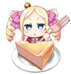  1girl beatrice_(re:zero) blonde_hair blue_eyes blush blush_stickers cake capelet chibi commentary_request crown dress drill_hair ekakibito food food_on_face fork fur_trim hair_ribbon highres long_hair long_sleeves looking_at_viewer mini_crown open_mouth re:zero_kara_hajimeru_isekai_seikatsu ribbon simple_background solo symbol-shaped_pupils triangle_mouth twin_drills twintails white_background 