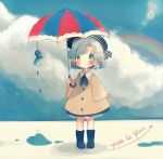  1girl adapted_costume alternate_costume alternate_headwear blush boots clouds french full_body green_eyes green_hair hat heart heart-shaped_pupils komeiji_koishi long_sleeves rainbow rubber_boots sailor_collar school_uniform shirt short_hair skirt sky solo symbol-shaped_pupils text touhou umbrella wide_sleeves yujup 