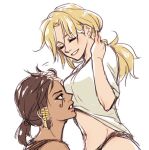  2girls alternate_hairstyle anco_(platanity) black_eyes black_hair blonde_hair braid breasts brown_hair brownmameng closed_eyes facial_mark facial_tattoo hair_tubes hand_on_neck mercy_(overwatch) multiple_girls overwatch panties pharah_(overwatch) pink_lips shirt side_braids sidelocks simple_background sketch smile tank_top tattoo teeth underwear upper_body white_background white_shirt yuri 