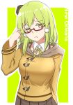  &lt;:t 1girl :t character_name coat detached_collar glasses green_hair hair_ornament hat highres looking_at_viewer lulu_heika new_orleans_(zhan_jian_shao_nyu) pleated_skirt pom_pom_(clothes) pout semi-rimless_glasses short_hair skirt solo under-rim_glasses upper_body yellow_eyes zhan_jian_shao_nyu 