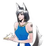  1girl animal animal_ears arm_tattoo bangs bare_shoulders bird bird_on_hand black_hair blue_dress braid brown_eyes collarbone dog_ears dog_tail dress eyebrows eyebrows_visible_through_hair facial_mark facial_tattoo highres kemonomimi_mode overwatch pharah_(overwatch) short_hair side_braids sketch sleeveless sleeveless_dress solo sweatdrop tail tattoo 