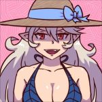  1girl akairiot bare_shoulders bikini cleavage fang fire_emblem fire_emblem_if hat long_hair looking_at_viewer my_unit_(fire_emblem_if) open_mouth portrait red_eyes silver_hair smile swimsuit tagme 