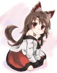  1girl :o animal_ears brown_hair collarbone colored_eyelashes dress dress_shirt highres imaizumi_kagerou kibisake long_hair looking_at_viewer off_shoulder open_mouth red_eyes red_skirt shirt sitting sketch skirt skirt_set sleeves_past_wrists solo tail touhou wariza white_clothes wide_sleeves wolf_ears wolf_tail younger 