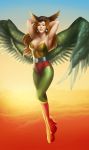  1girl bodysuit boots breasts cleavage clouds dc_comics earrings feathered_wings feathers hawkgirl highres jewelry justice_league large_breasts long_hair orange_hair sky solo teeth weijic wings 