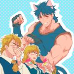  1girl 2boys animal_ears arrow_through_heart blank_eyes blonde_hair blue_dress blue_hair cat_ears cat_tail choker clenched_hand closed_eyes covering_mouth dio_brando dress erina_pendleton fingerless_gloves gloves h28 hand_over_own_mouth jojo_no_kimyou_na_bouken jonathan_joestar multiple_boys no_pupils open_mouth paw_pose polka_dot polka_dot_background smile sweat sweater_vest tail 