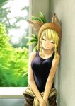  1girl against_wall bangs bare_arms blonde_hair blurry braid breast_squeeze breasts brown_hat closed_eyes clothes_around_waist collarbone depth_of_field hat hat_with_ears highres hotateyuki jumpsuit large_breasts leaf leaning_to_the_side one-piece_swimsuit original school_swimsuit side_braid smile solo stitches swimsuit swimsuit_under_clothes twin_braids upper_body wall 