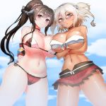  2girls adapted_costume bikini breasts brown_eyes brown_hair choker crossed_arms dark_skin doyouwantto flower glasses hair_flower hair_ornament headgear kantai_collection large_breasts long_hair midriff multiple_girls musashi_(kantai_collection) navel ponytail smile swimsuit two_side_up very_long_hair yamato_(kantai_collection) 