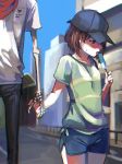  1boy 1girl androgynous baseball_cap brown_hair chara_(undertale) collarbone eating hand_holding hat highres hno3syo papyrus_(undertale) popsicle red_eyes short_hair shorts skeletal_arm sweatdrop thigh_gap tongue tongue_out undertale 