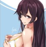  1girl :q azalanz bikini_top black_hair blush breasts fate/grand_order fate_(series) large_breasts long_hair looking_to_the_side sideboob solo tilt-shift tongue tongue_out xuanzang_(fate/grand_order) 