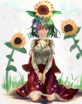  1girl arm_garter ascot barefoot breasts dated flower flower_on_head full_body green_hair hair_flower hair_ornament highres houdukixx juliet_sleeves kazami_yuuka kneeling long_sleeves looking_at_viewer medium_breasts one_eye_covered open_clothes open_vest parted_lips puffy_sleeves red_eyes red_skirt red_vest short_hair signature skirt skirt_set smile solo sunflower touhou vest 