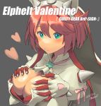  1girl 2016 bad_anatomy blush breasts character_name cleavage copyright_name dated elphelt_valentine fingerless_gloves gloves green_eyes grey_background guilty_gear guilty_gear_xrd heart large_breasts looking_at_viewer pink_hair short_hair smile solo twitter_username zaki_(narashigeo) 