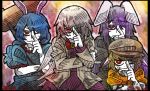  4girls animal_ears blazer blonde_hair blue_dress blue_hair bow bowtie brown_hat commentary dress flat_cap grin hand_over_face hat jacket kishin_sagume long_hair long_sleeves mallet mouth_hold multiple_girls one_eye_closed orange_shirt purple_dress purple_hair rabbit_ears red_bow red_bowtie red_eyes reisen_udongein_inaba ringo_(touhou) seiran_(touhou) shirt short_hair short_sleeves single_wing smile suenari_(peace) sweat touhou white_hair white_shirt wings 