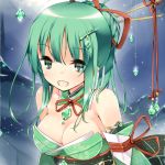  1girl :d bare_shoulders bow breasts cleavage detached_sleeves dress emerald gem green_dress green_eyes green_hair hair_bow hair_ornament hair_stick hairclip hairpin large_breasts long_hair long_sleeves looking_at_viewer lowres open_mouth original red_ribbon refeia ribbon smile solo strapless strapless_dress tareme underbust upper_body 