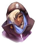  1girl absurdres ana_(overwatch) braid coat dark_skin eyepatch face facial_mark facial_tattoo grey_hair headband highres hijab hood old_woman overwatch simple_background solo tattoo white_background zzoggomini 