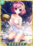  1girl black_ribbon blue_eyes card_(medium) collarbone grisaia_(series) grisaia_no_kajitsu hair_ribbon komine_sachi looking_at_viewer naked_towel outdoors pink_hair ribbon short_hair snow solo towel 