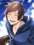  1boy :d blush brown_hair closed_eyes clouds fighter_(granblue_fantasy) gran_(granblue_fantasy) granblue_fantasy highres hood hoodie nakamura_hiro_(nobody10ch) open_mouth sky smile solo twitter_username upper_body 
