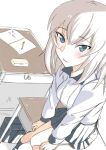  1girl blue_eyes blush breasts desk english female girls_und_panzer green_eyes grey_hair highres itsumi_erika paper pencil saku_(saku1151) school_desk school_uniform sketch skirt smile solo thank_you uniform white_background white_hair 