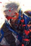  1boy artist_name blue_eyes broken_glasses broken_mask covered_mouth face_mask jacket male_focus mask overwatch scar scar_across_eye serious shards short_hair signature soldier:_76_(overwatch) solo upper_body visor white_hair 