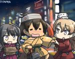  3girls black_hair blonde_hair blush box brown_hair commentary dated drunk hachimaki hamu_koutarou headband hiryuu_(kantai_collection) japanese_clothes kantai_collection long_hair multicolored_hair multiple_girls naganami_(kantai_collection) open_mouth short_hair wavy_hair yellow_eyes zara_(kantai_collection) 