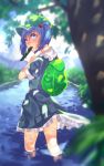  1girl asuzemu backpack bag blue_eyes blue_hair blush cucumber from_side hair_bobbles hair_ornament hat kawashiro_nitori lake looking_at_viewer looking_back mouth_hold nature partially_submerged pocket puffy_sleeves shirt short_sleeves skirt skirt_set solo touhou tree tree_shade twintails two_side_up 
