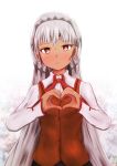  1girl alternate_costume attila_(fate/grand_order) dark_skin fate/grand_order fate_(series) haoto_(arnica_leaf) heart heart_hands highres light_smile long_hair red_eyes silver_hair solo very_long_hair 