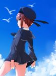  1girl back bird blue_sky clouds comah from_behind hat kantai_collection looking_at_viewer looking_back redhead sailor_collar short_hair sky solo z3_max_schultz_(kantai_collection) 