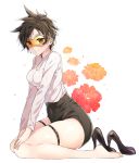  1girl barefoot black_nails black_shoes breasts brown_eyes brown_hair cleavage covered_navel ear_piercing feet fingernails floral_background goggles high_heels highres looking_at_viewer medium_breasts mikan_nugu nail_polish overwatch piercing shirt shoes shoes_removed short_hair shorts sitting smile solo spiky_hair thigh_strap tracer_(overwatch) wariza 