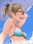  1girl absurdres aqua_eyes bare_shoulders bikini blue_bikini blue_sky blush breasts brown_hair chizurusou_(tiduru_39) clouds collarbone commentary_request face hair_ornament highres kantai_collection kumano_(kantai_collection) looking_at_viewer navel open_mouth outdoors ponytail short_hair short_ponytail sitting sky smile solo sweat swimsuit upper_body 