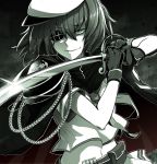  1girl anchor_symbol armor bangs belt belt_pouch cape ebiblue eyepatch gesugao gloves green_eyes hat highres holding holding_sword holding_weapon kantai_collection kiso_(kantai_collection) limited_palette looking_at_viewer midriff monochrome narrowed_eyes navel neckerchief peaked_cap rapier remodel_(kantai_collection) saber_(weapon) sailor_collar sailor_shirt school_uniform serafuku shirt short_hair shoulder_armor solo sword weapon 
