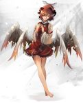  1girl :o animal_ears arm_garter barefoot bird_wings brown_hair commentary_request dated dress eyepatch frilled_sleeves frills full_body hat houdukixx long_sleeves looking_at_viewer mob_cap multiple_wings mystia_lorelei one_eye_covered red_dress red_eyes short_dress short_hair signature solo touhou wide_sleeves wings 