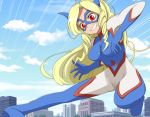  1girl blonde_hair bodysuit boku_no_hero_academia giantess long_hair mask mount_lady red_eyes sidelocks solo yassy_(yasikoz2008) 