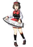  1girl absurdres brown_hair closed_eyes frilled_shirt_collar frilled_skirt frills full_body hat highres instrument keyboard_(instrument) kneehighs long_sleeves lyrica_prismriver mushroom_(osh320) open_mouth playing_instrument red_skirt short_hair simple_background skirt solo touhou white_background 
