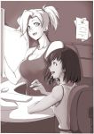  2girls bangs bare_shoulders blush braid breasts chair cleavage collarbone computer_keyboard computer_mouse dress eyebrows eyebrows_visible_through_hair gggg hair_ornament hair_tie hair_tubes highres large_breasts mercy_(overwatch) monitor monochrome multiple_girls open_mouth overwatch paper pharah_(overwatch) ponytail sash short_hair side_braids sidelocks sleeveless sleeveless_dress smile swivel_chair table tank_top teeth younger 