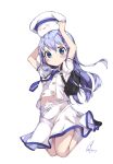  1girl angora_rabbit animal animal_on_head arms_up blue_eyes blue_hair blush bunny_on_head commentary_request gochuumon_wa_usagi_desu_ka? hair_ornament hairclip kafuu_chino long_hair looking_at_viewer necktie newey rabbit school_uniform skirt solo tippy_(gochuumon_wa_usagi_desuka?) x_hair_ornament 