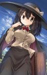  1girl aioi_aoi black_cape black_hair black_hat black_skirt blue_sky bow bowtie breasts brown_eyes cape clouds day fedora hat hat_bow holding large_breasts long_skirt long_sleeves looking_at_viewer outdoors plant power_lines red_bow red_bowtie shirt short_hair skirt sky solo standing suitcase touhou tree usami_renko white_bow wing_collar yellow_shirt 