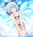  1girl ^_^ bending_forward bent_over bikini blue_bikini blue_eyes blue_hair blue_sky blush cirno closed_eyes clouds do_(4-rt) dutch_angle facing_viewer grin hair_ribbon highres ice ice_wings knees_together_feet_apart midriff navel open_mouth partially_submerged ribbon short_hair sky smile smirk solo stomach swimsuit thigh_gap touhou wading water wet wings 