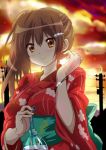  1girl brown_eyes brown_hair chuunibyou_demo_koi_ga_shitai! highres japanese_clothes kimono long_hair momoiro_tanuki nibutani_shinka power_lines sunset yukata 