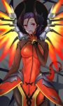  1girl absurdres bodysuit breasts cowboy_shot demon_horns demon_tail devil_mercy glowing glowing_wings high_ponytail highres horns looking_at_viewer mechanical_halo mechanical_wings medium_breasts mercy_(overwatch) mole mole_under_eye overwatch parted_lips purple_hair red_eyes red_wings slit_pupils solo spread_wings staff tail wings ytoy 