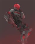  1boy armor bat_symbol batman_(series) camouflage dc_comics full_body gun helmet jason_todd male_focus red_hood_(dc) solo weapon 