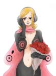  1girl bandanna black_dress black_gloves blonde_hair bouquet cape cleavage dress flower gloves hair_over_one_eye headphones navel one_piece red_rose rose roses simple_background solo vinsmoke_reiju white_background 