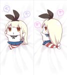  :&lt; anchor_hair_ornament animalization blonde_hair blush_stickers bow brown_eyes commentary_request dakimakura from_behind hair_bow hair_ornament kantai_collection long_hair looking_at_viewer looking_back multiple_views no_humans pleated_skirt shimakaze_(kantai_collection) shimakaze_(seal) skirt striped triangle_mouth watanohara 