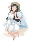 1girl alternate_costume arm_up asashio_(kantai_collection) bangs bare_arms bare_legs bare_shoulders barefoot black_hair blue_eyes blush breasts collarbone dress ebifurya eyebrows eyebrows_visible_through_hair full_body hat highres kantai_collection long_hair looking_at_viewer one_eye_closed open_mouth sidelocks sleeveless sleeveless_dress small_breasts smile solo straw_hat sundress white_background white_dress 