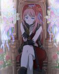  1girl :/ black_gloves blue_eyes breasts brown_hair chin_rest cleavage closed_mouth collarbone dress flower gloves hair_flower hair_ornament highres legs_crossed long_hair looking_at_viewer noraico original plant potted_plant red_dress red_rose rose sitting solo throne 
