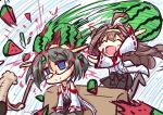  2girls ^_^ ahoge black_hair blue_eyes blush_stickers brown_hair chibi closed_eyes d.a empty_eyes food fruit geoduck glasses hairband kantai_collection kirishima_(kantai_collection) kongou_(kantai_collection) long_hair multiple_girls nontraditional_miko open_mouth pantyhose short_hair sitting sitting_on_person skirt smile suikawari thigh-highs watermelon you&#039;re_doing_it_wrong 