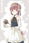  1girl :/ animal_ears apron bare_shoulders black_ribbon blush brown_eyes brown_hair closed_mouth detached_collar dog_ears dog_tail dress elbow_gloves eyebrows feather_duster gloves hat highres holding maid neck_ribbon nose_blush original ribbon short_hair sketch sleeveless sleeveless_dress solo tail thick_eyebrows u_(mikaduki0720) waist_apron white_gloves white_hat 