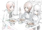  3girls absurdres blue_eyes brown_hair commentary_request dango_(bonapalt100) female food girls_und_panzer highres indoors itsumi_erika long_hair multiple_girls nishizumi_maho nishizumi_miho partially_colored school_uniform short_hair silver_hair table uniform white_background 