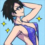  1girl akairiot bare_shoulders bayonetta bayonetta_(character) bayonetta_2 bikini black_hair breasts cleavage from_side glasses grin hat light_smile long_hair looking_at_viewer portrait short_hair sideboob sling_bikini sunglasses swimsuit upper_body 